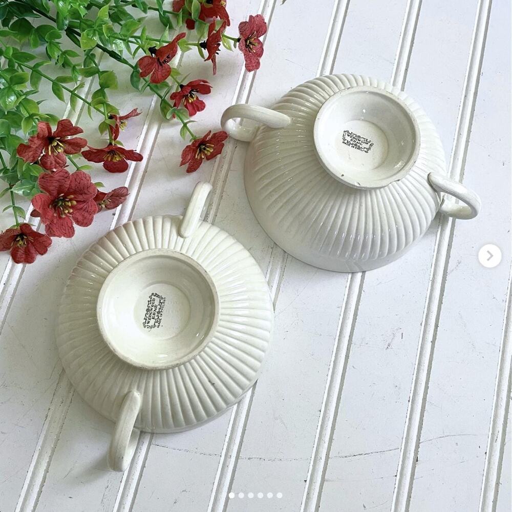 Vintage Wedgwood EDME England Ribbed Handled Soup Bowls Pair CHIP